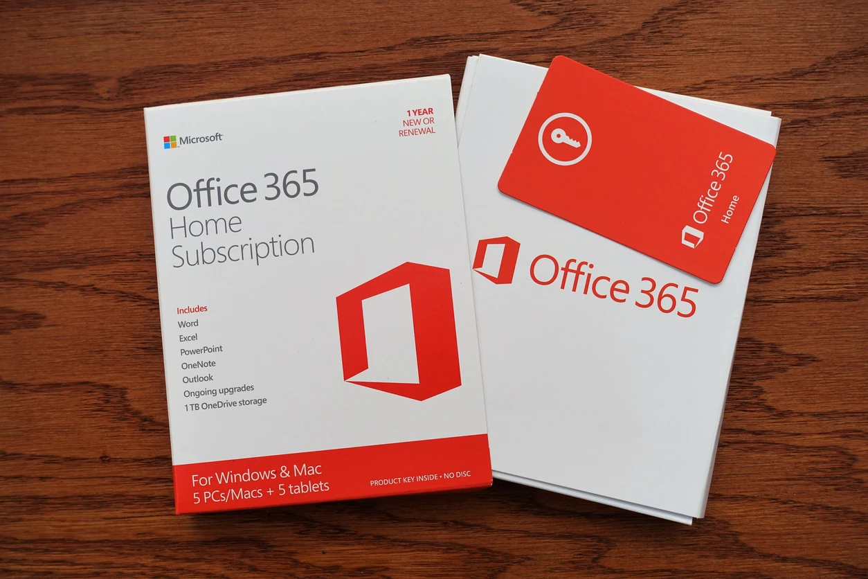 Microsoft Office 365 Home Subscription box and product key card, emphasizing productivity tools for Windows and Mac devices