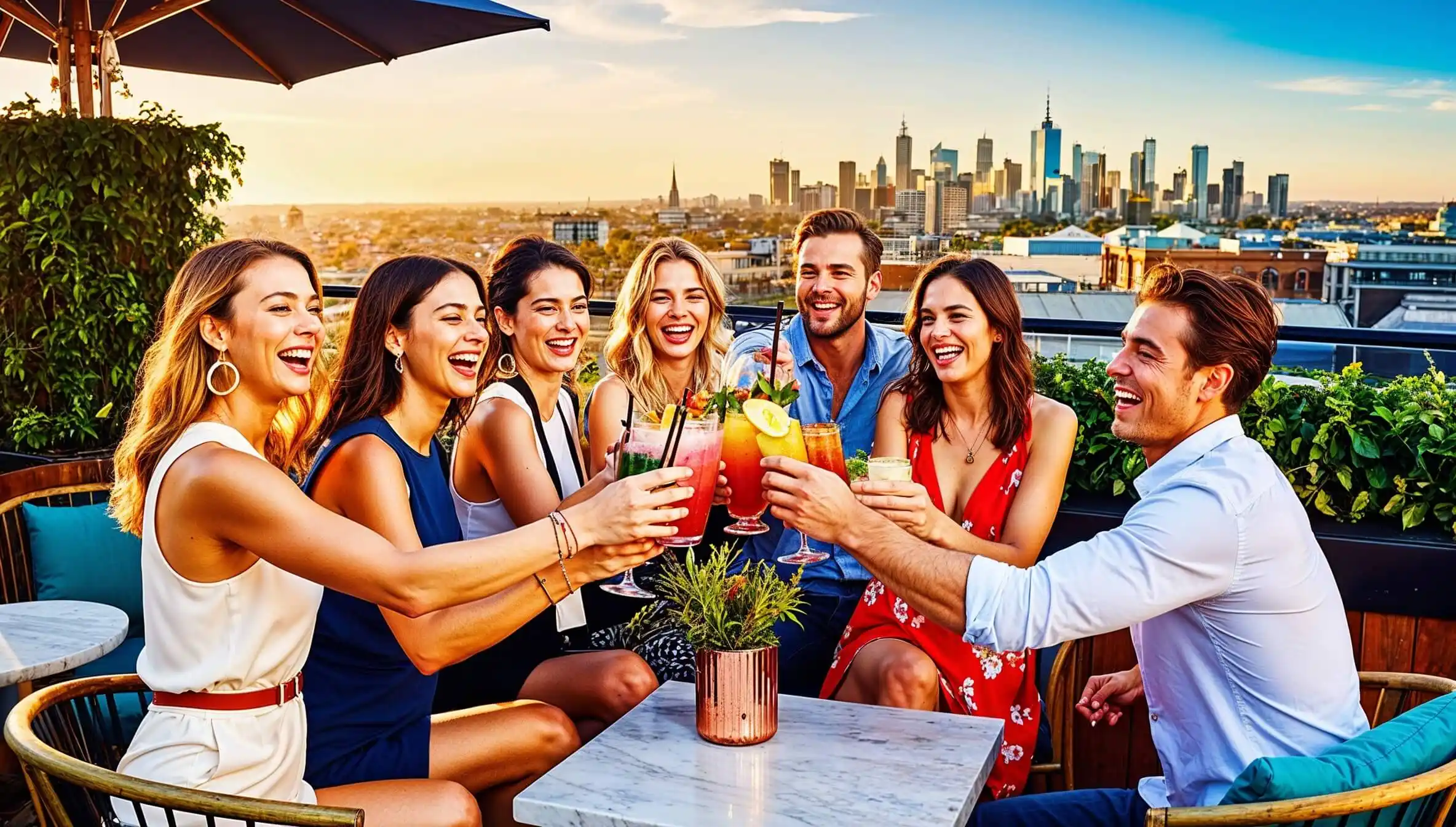 A group of friends toasting with cocktails on a rooftop patio. Hospitality at its finest!