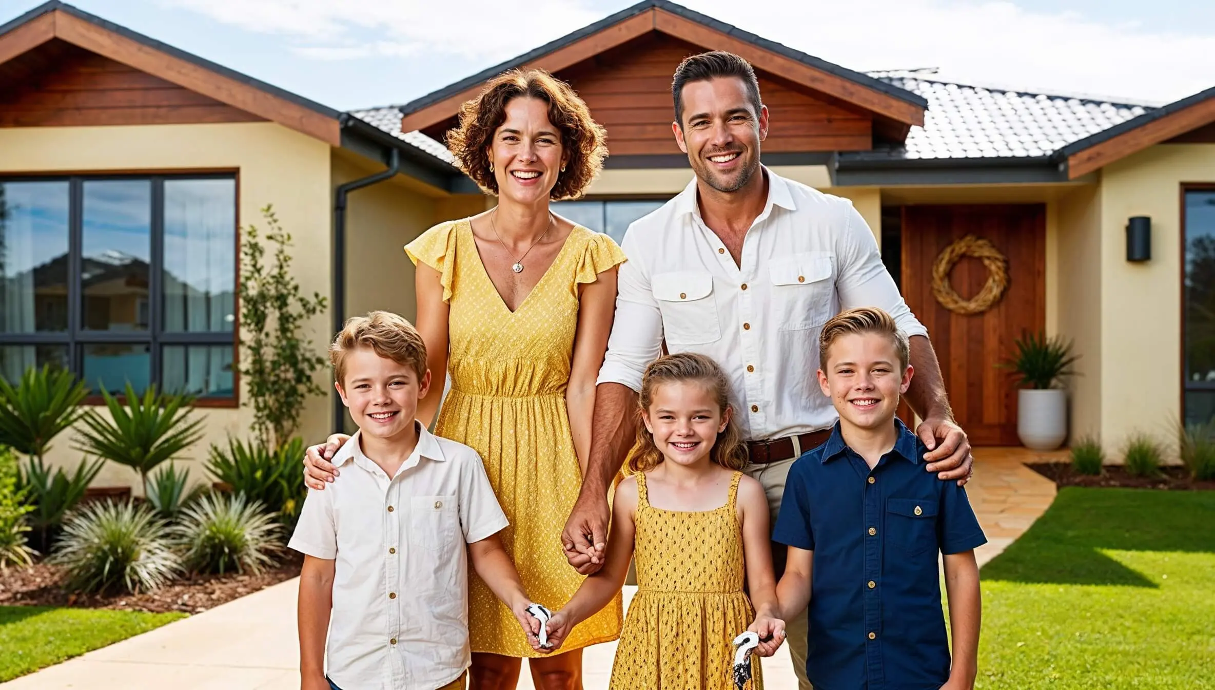 A happy family stands in front of their new real estate home with a bright yellow and brown color scheme