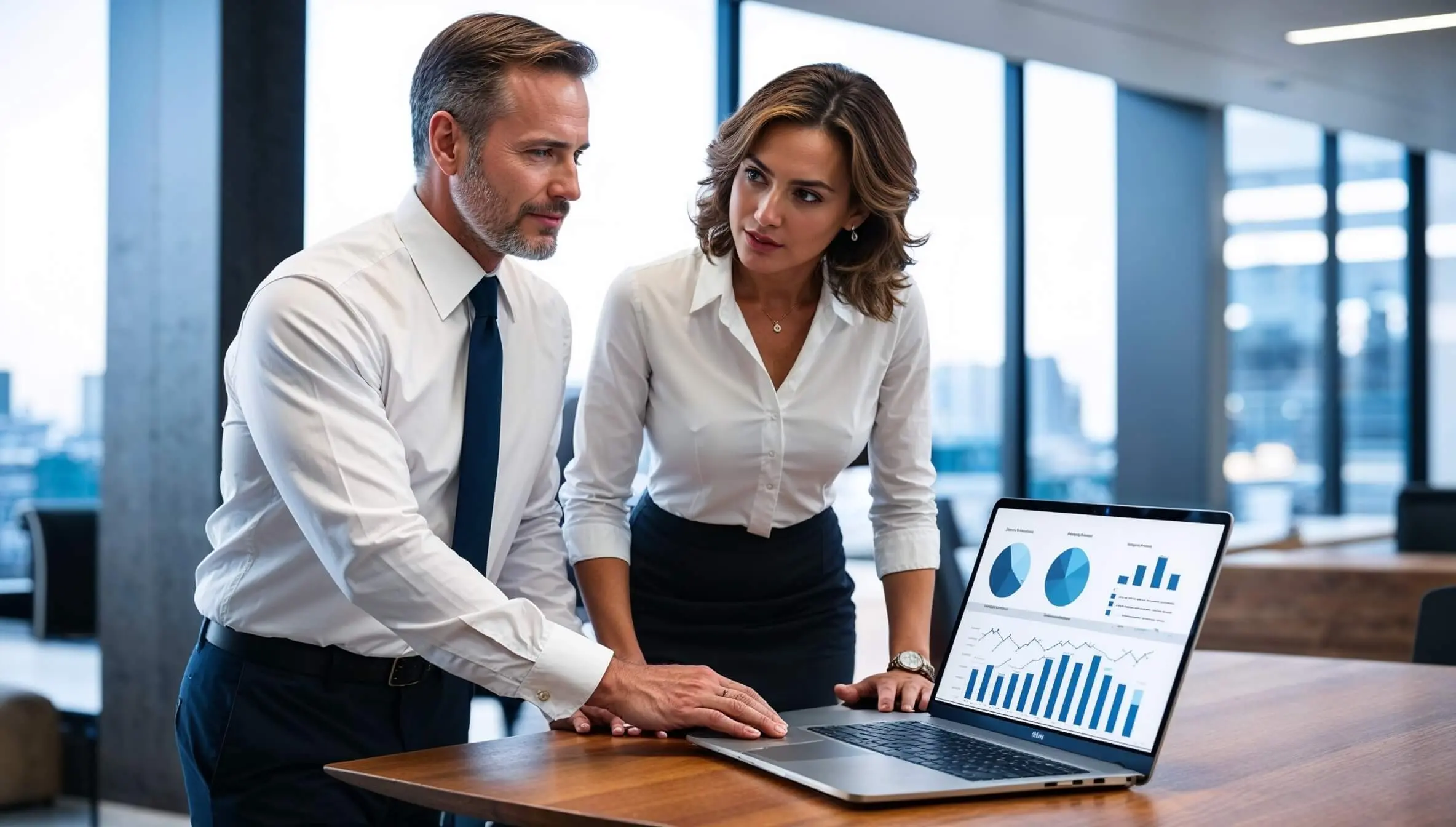 A man and woman look at a computer screen together in a finance setting