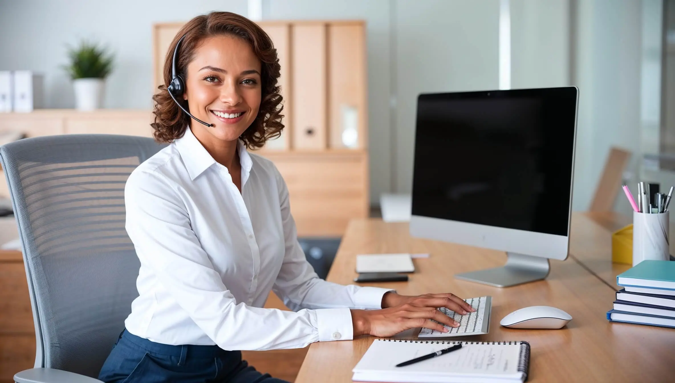 A smiling telecom worker wearing a headset sits at her desk in an office, ready to help customers