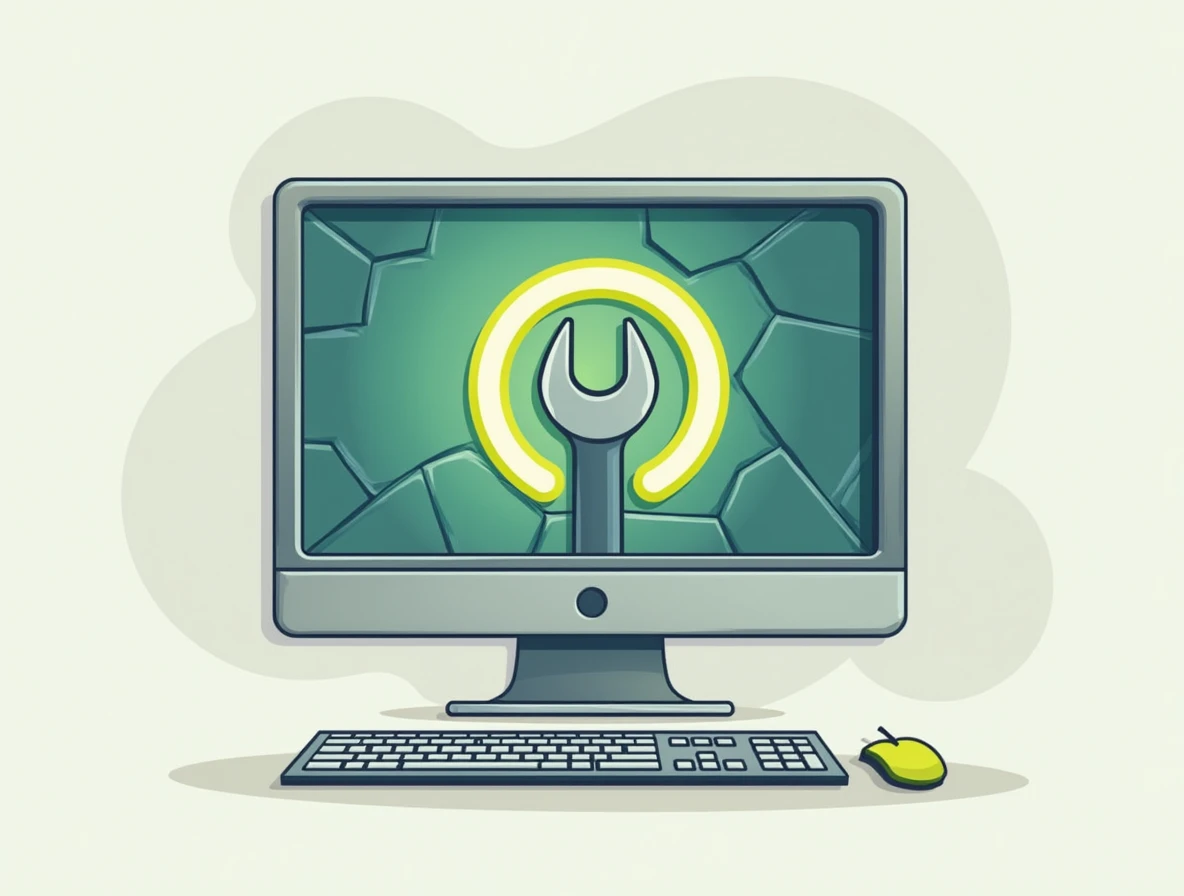 2D illustration of a computer screen with a wrench icon over a cracked green background, symbolizing tech repair