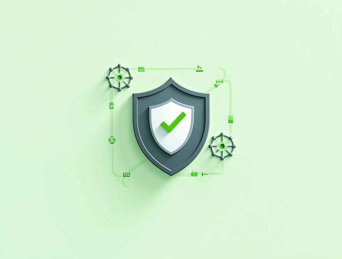 Shield with a green checkmark and various tech icons, symbolizing cybersecurity and data protection