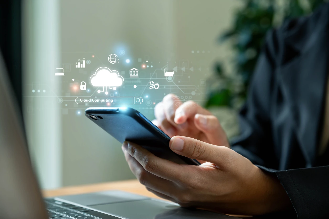 Smartphone displaying cloud phone systems icons, highlighting efficient cloud communication solutions and mobile integration