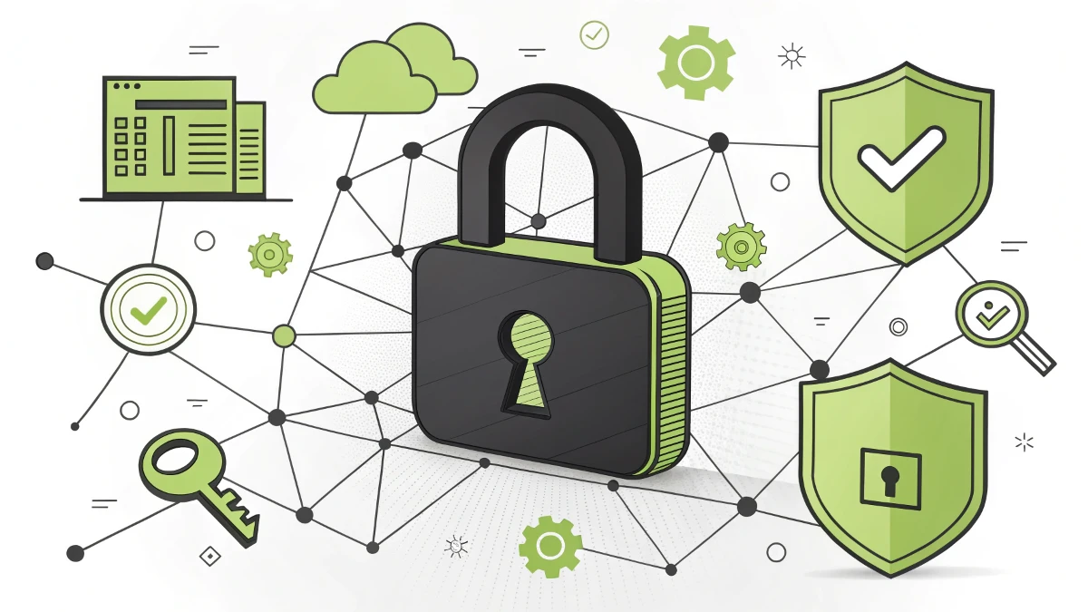 3D lock with network, shield, key, data icons: secure data.