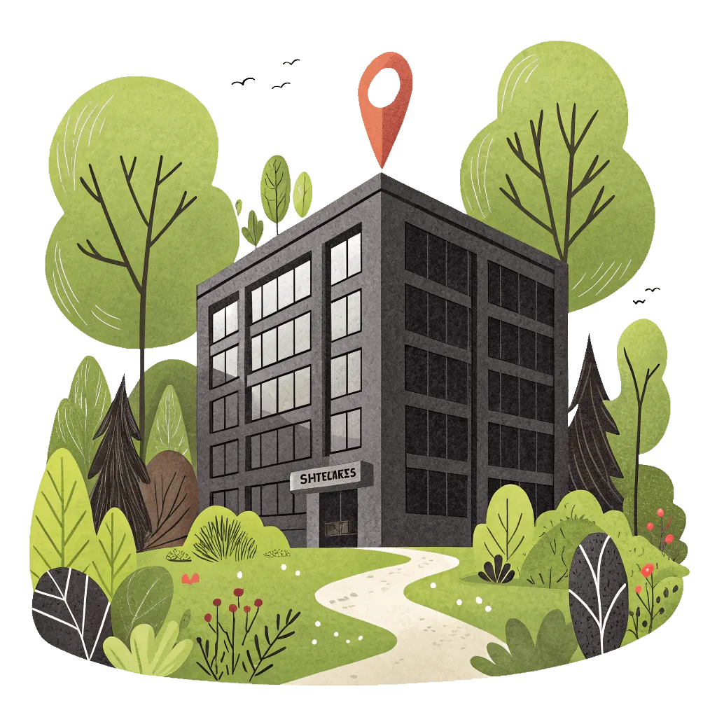 Graphic of a modern office building with a floating map pin, symbolizing the 'Visit Us' option